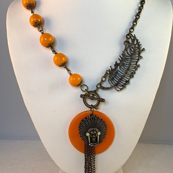 Unbranded Jewelry - Brass Plated Necklace With Orange Glass Beads And Indian Head Pendant (NA117)